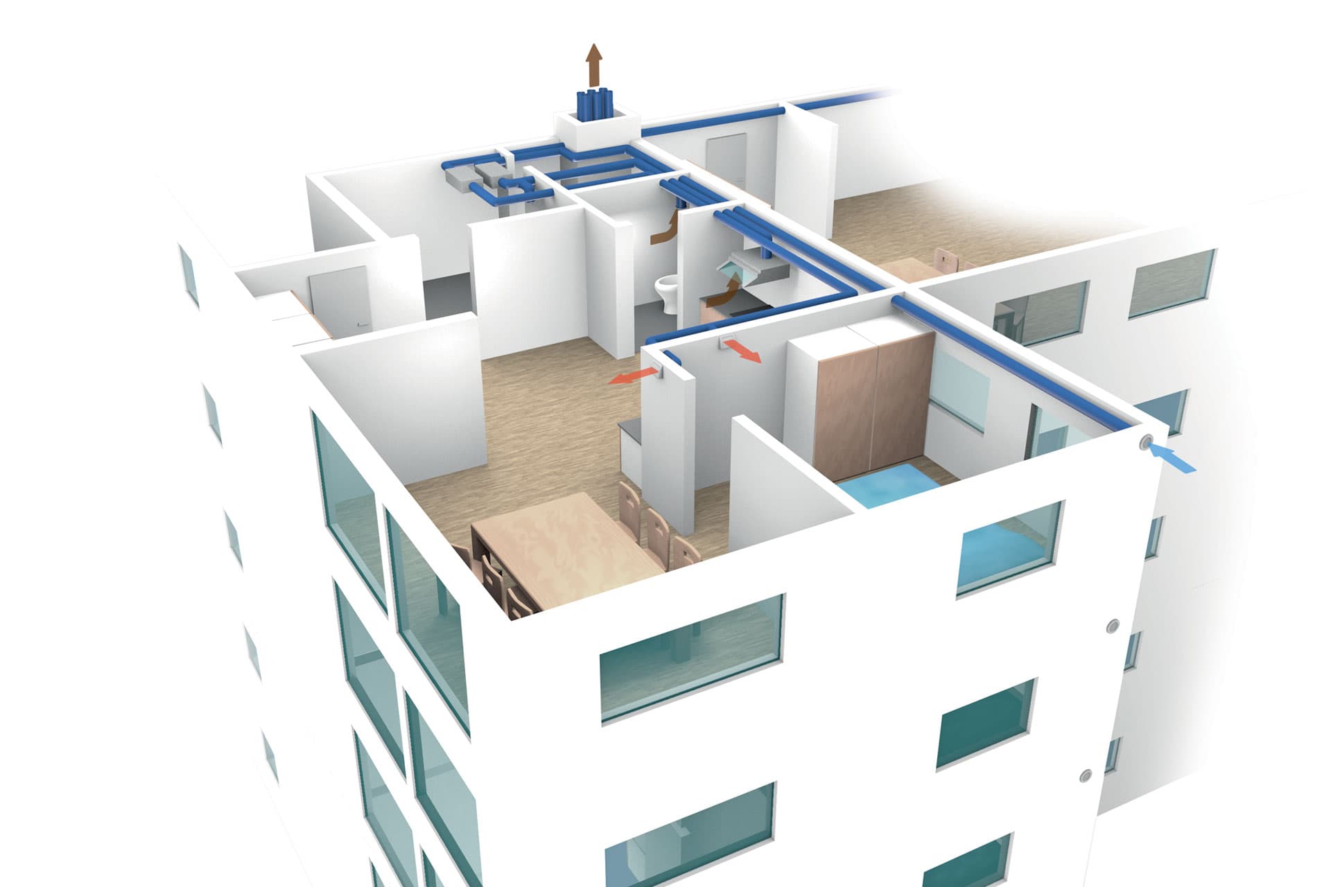 <p data-block-key="cwtml">Huoneistokohtaisessa ilmanvaihdossa ylimpien kerrosten asunnot eivät muutu ylipaineisiksi.</p>