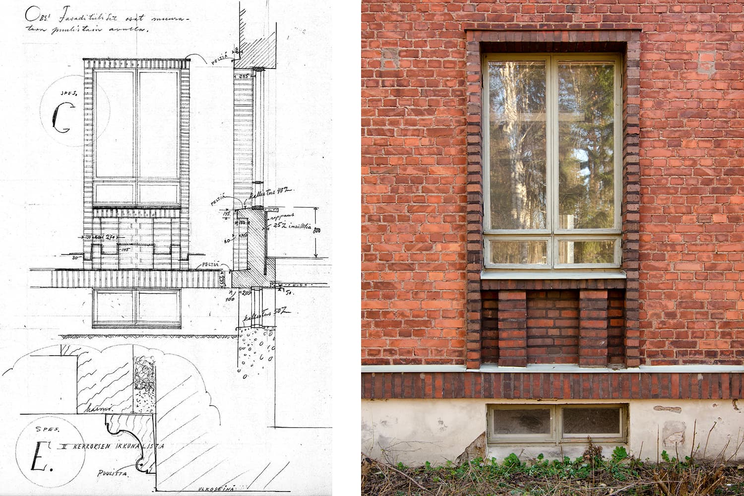 <p data-block-key="z77cx">Arkkitehti Jalmari Peltosen detaljipiirustus ikkunaa ympäröivistä koristemuurauksista sekä valokuva samasta kohdasta ennen korjaustöitä. Vanhat ikkunat kunnostettiin puusepänverstaalla.</p>