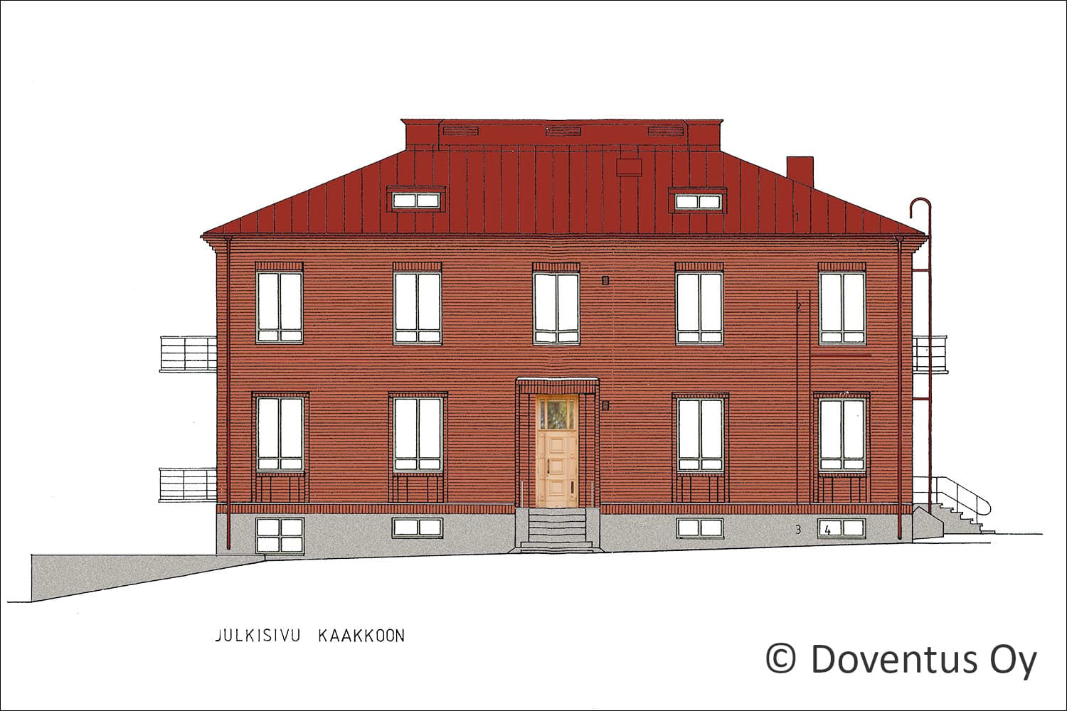 <p data-block-key="5gg0k">Doventus Oy:n lupahakemusvaiheen värillinen julkisivupiirustus. 1930-luvun komean tiilirakennuksen hienostunut detaljiikka säilytettiin.</p>