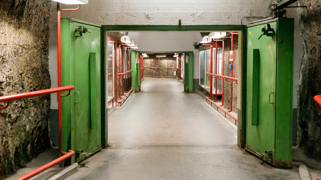 väestönsuoja parkkihallissa tai taloyhtiössä. suuret kaksiosaiset ovet ja leveä käytävä jota pitkin voi ajaa maan alle