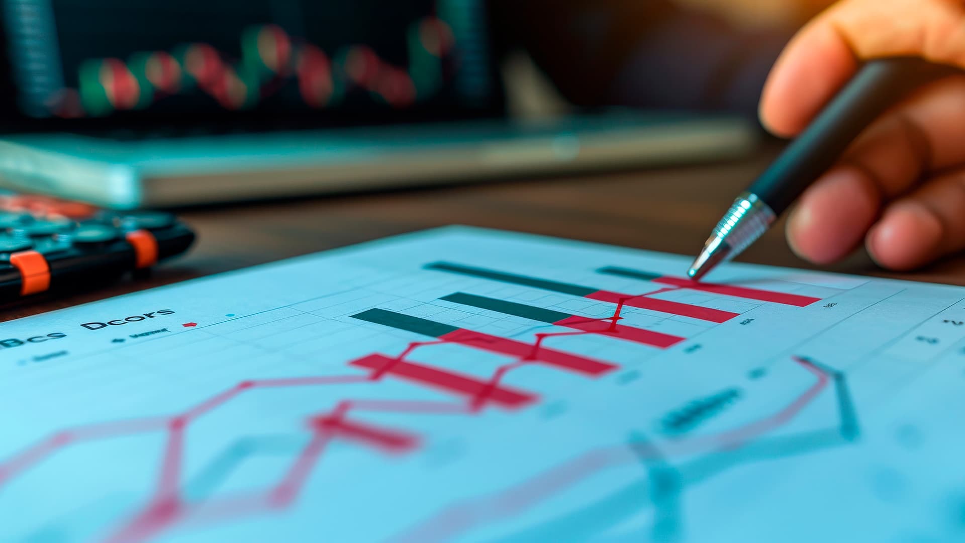 pöydällä on paperi jossa on graafinen jakauma ja joku osoittaa sitä kynän kanssa